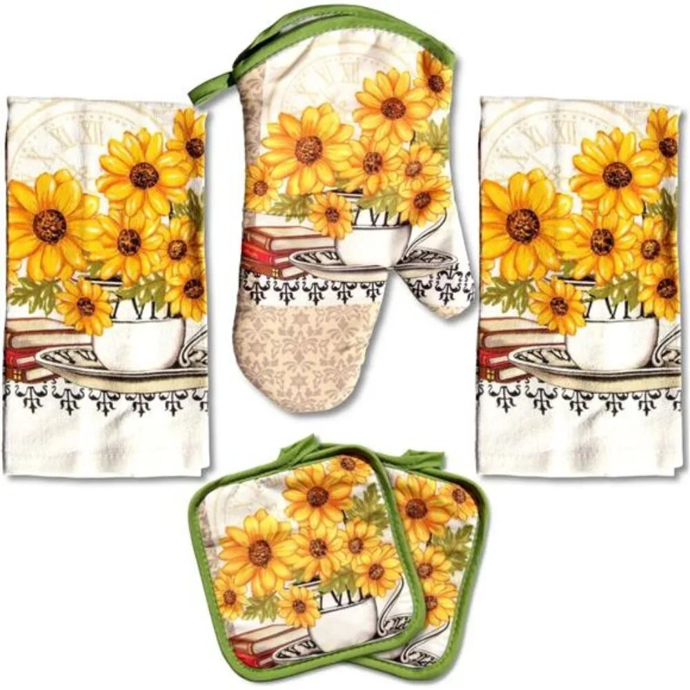 Value Packs: Bright Sunflower 5-Piece Kitchen Set – 2 Soft Terry Dish